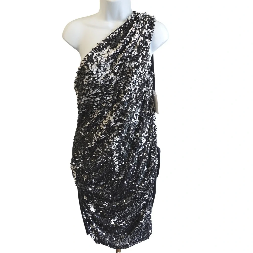 $169 Vtg Y2K Rachel Roy Black One‎ Shoulder Sequin Ruched Cocktail Dress Size 10